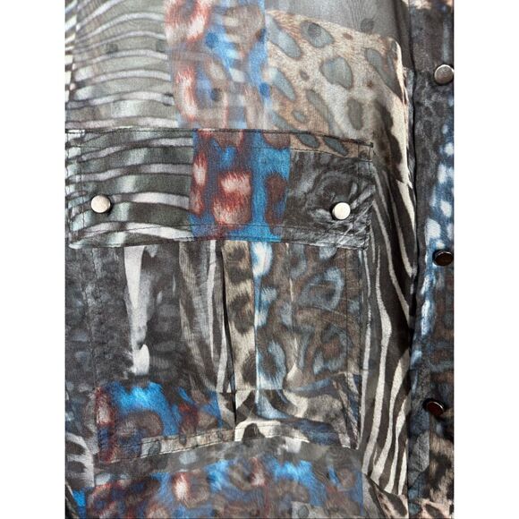 Diesel Woman’s sheer abstract multi pattern animal print metal snap button down - Picture 3 of 7